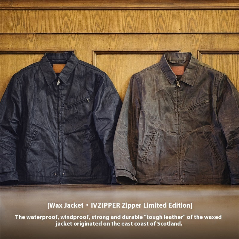 Chaqueta de lona con cera al óleo de cuatro generaciones estilo retro americano Amekaji Tough Guy con cremallera corta