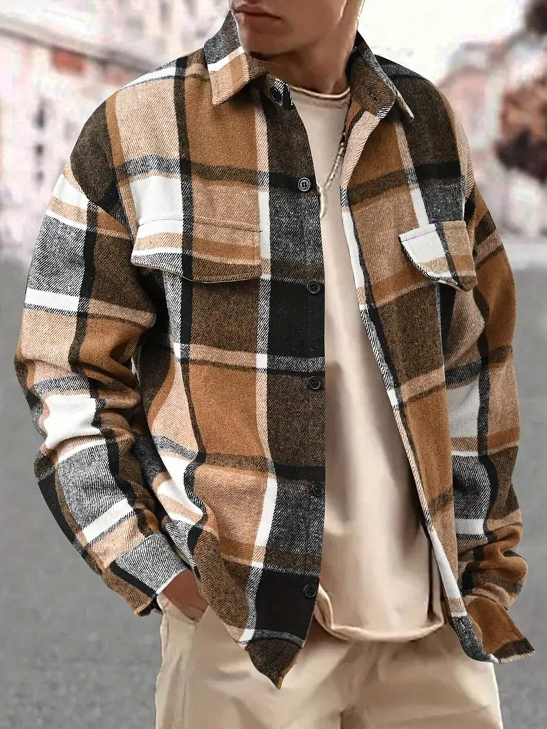 Camisa de franela de manga larga con cuadros cepillados entallados para hombre otoño-invierno