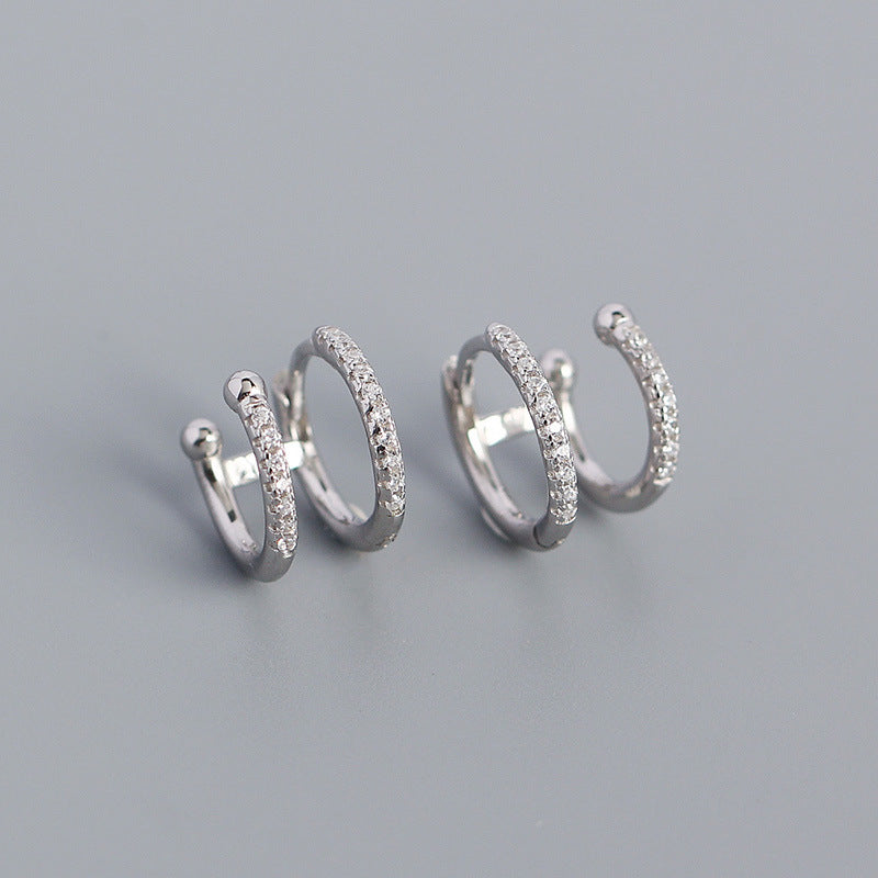 S925 Silver Geometric Metal Double Round Micro Inlaid Zircon Ear Buckle Earrings - Dazpy