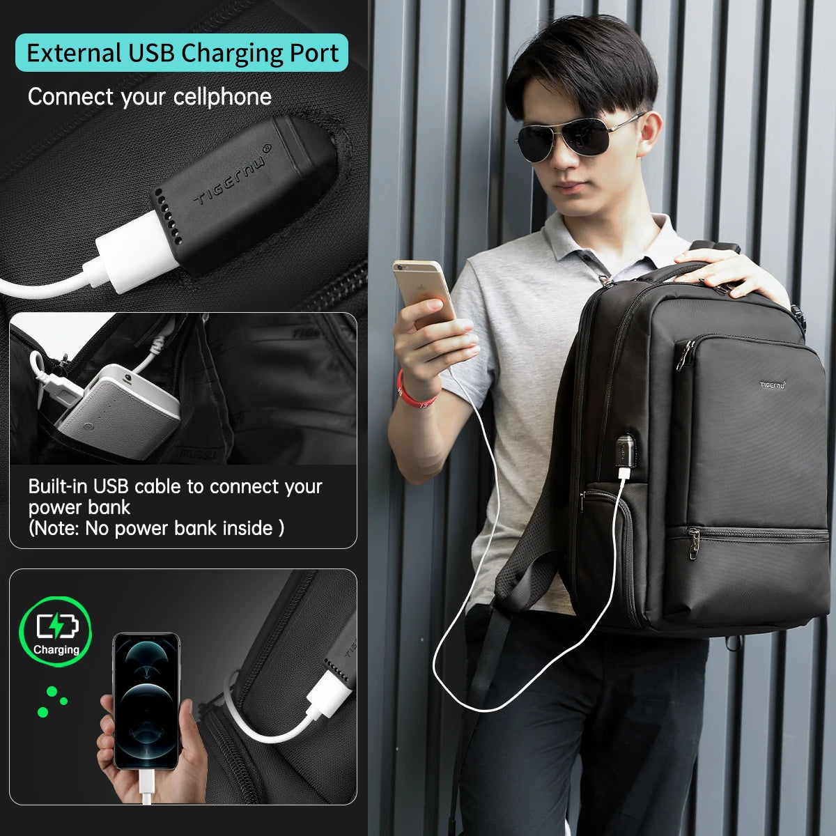 Wasserdichter Reiserucksack aus Nylon mit USB-Anschluss für 15,6-Zoll-Laptop