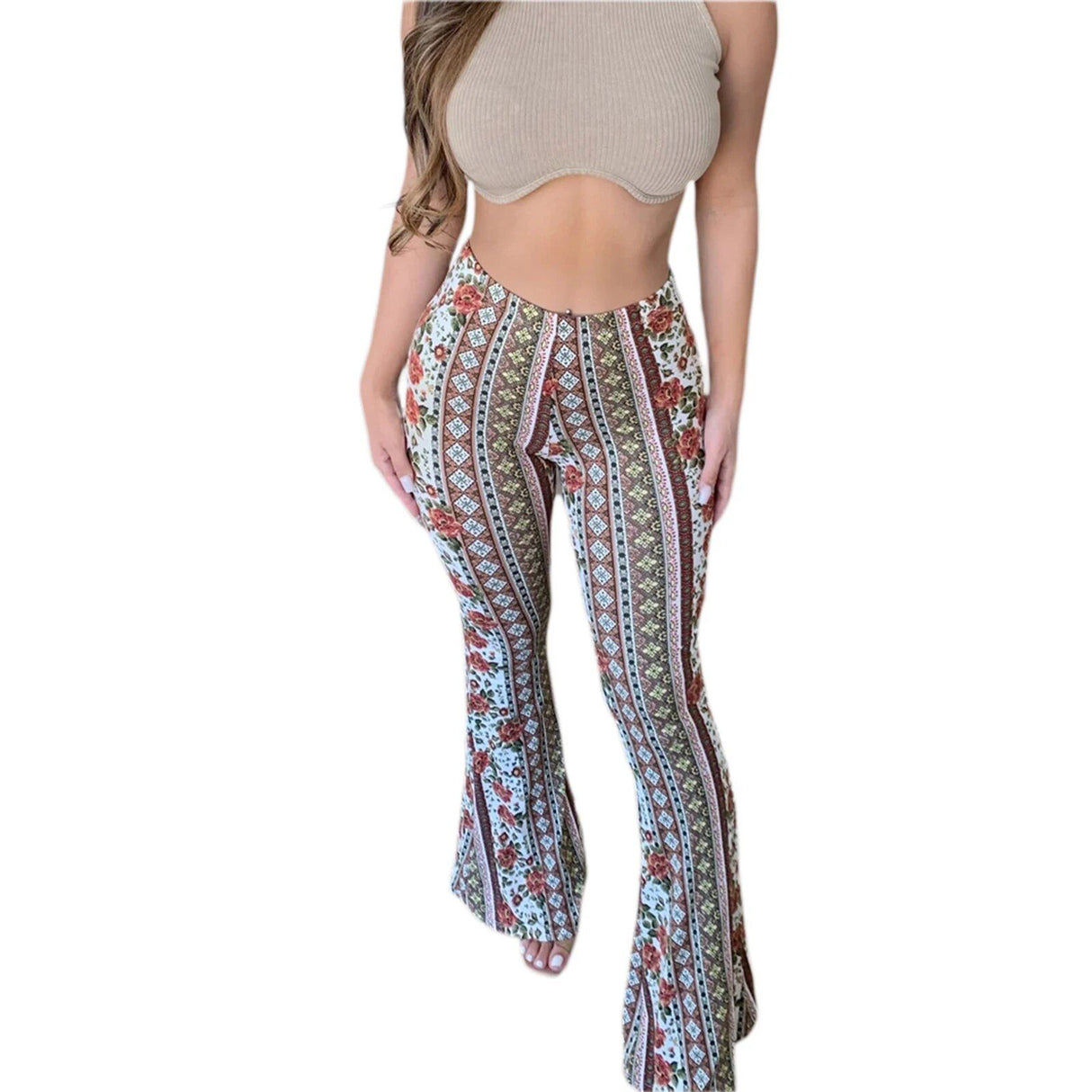 Pantalones acampanados de cintura alta con estampado floral para mujer