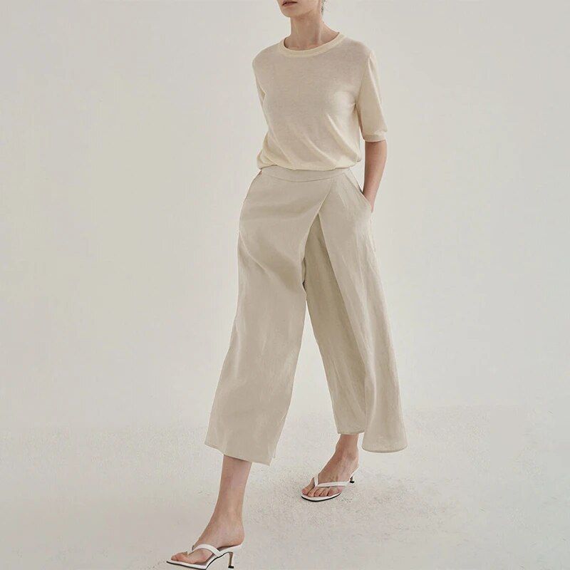 Elegante High Waist Hose aus Baumwoll-Leinen mit weitem Bein für Damen