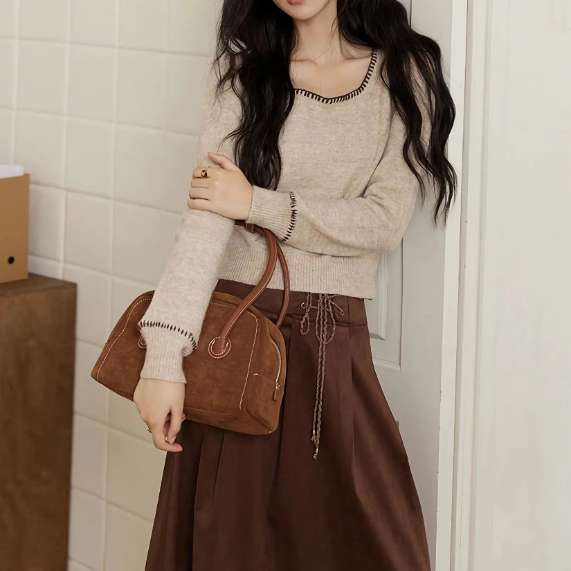 Vintage Contrast Square Neck Knitted Sweater