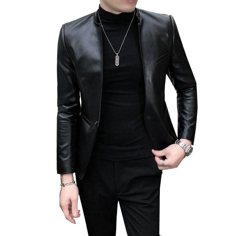 Chaqueta de cuero sencilla de marca de moda de tendencia delgada para hombre