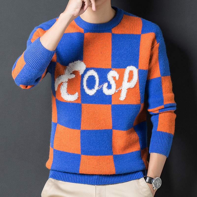 Suéter de cuadros con cuello redondo, suave, cálido y grueso