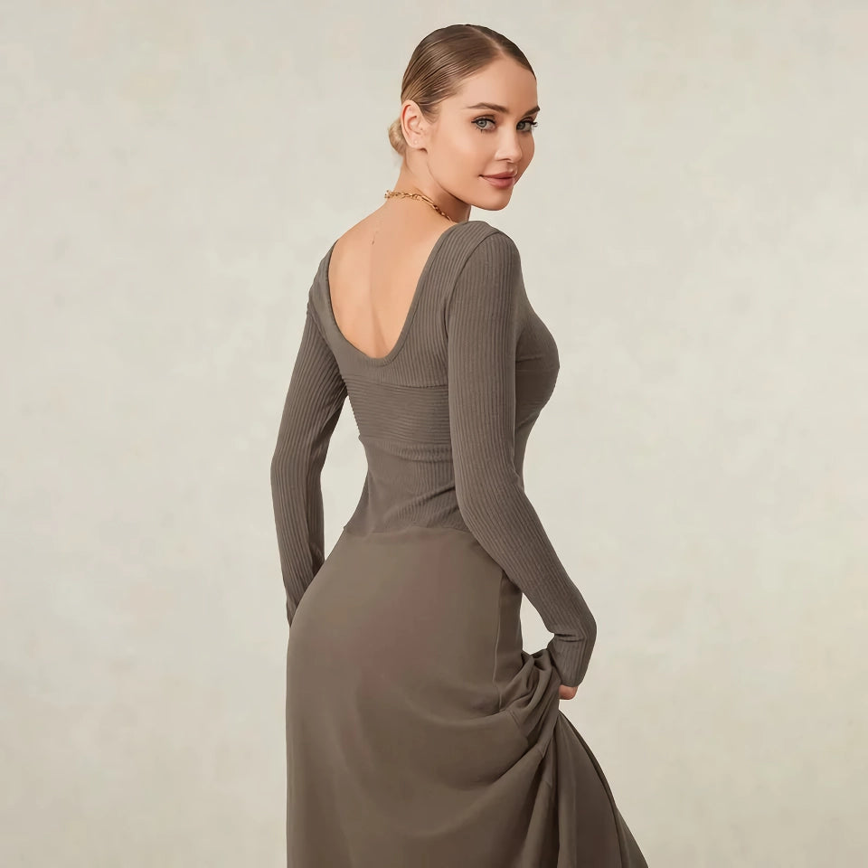 Elegante vestido largo de punto de otoño para mujer con escote cuadrado