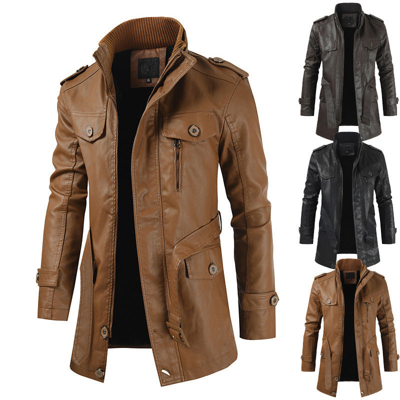 Herren Plus Samt Casual Stehkragen Leder Trenchcoat