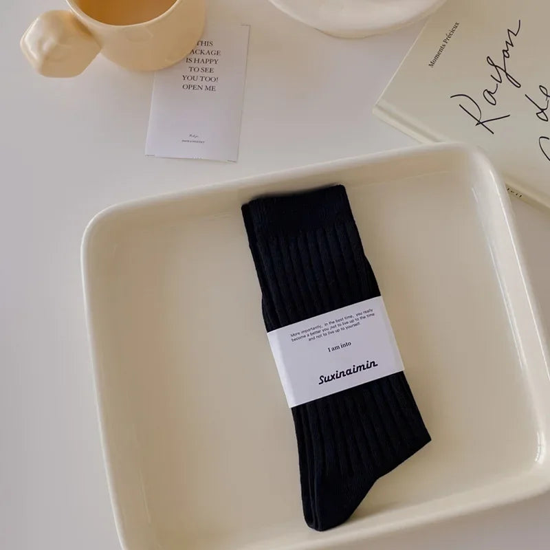 Calcetines altos de estilo japonés para mujer de punto de algodón