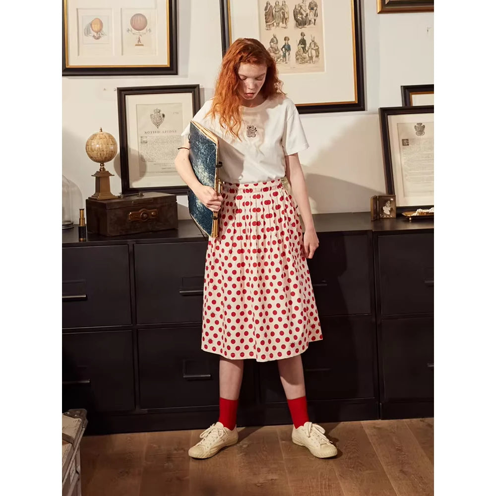 Falda de algodón con lunares en forma de A para mujer con cintura elástica y botones decorativos