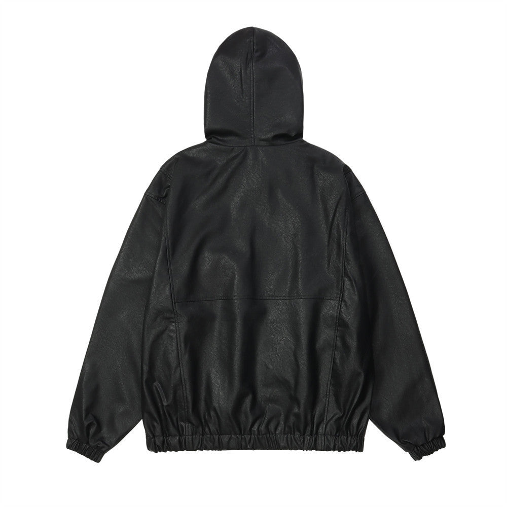 Chaqueta de cuero con capucha estilo motociclista oscuro para hombre