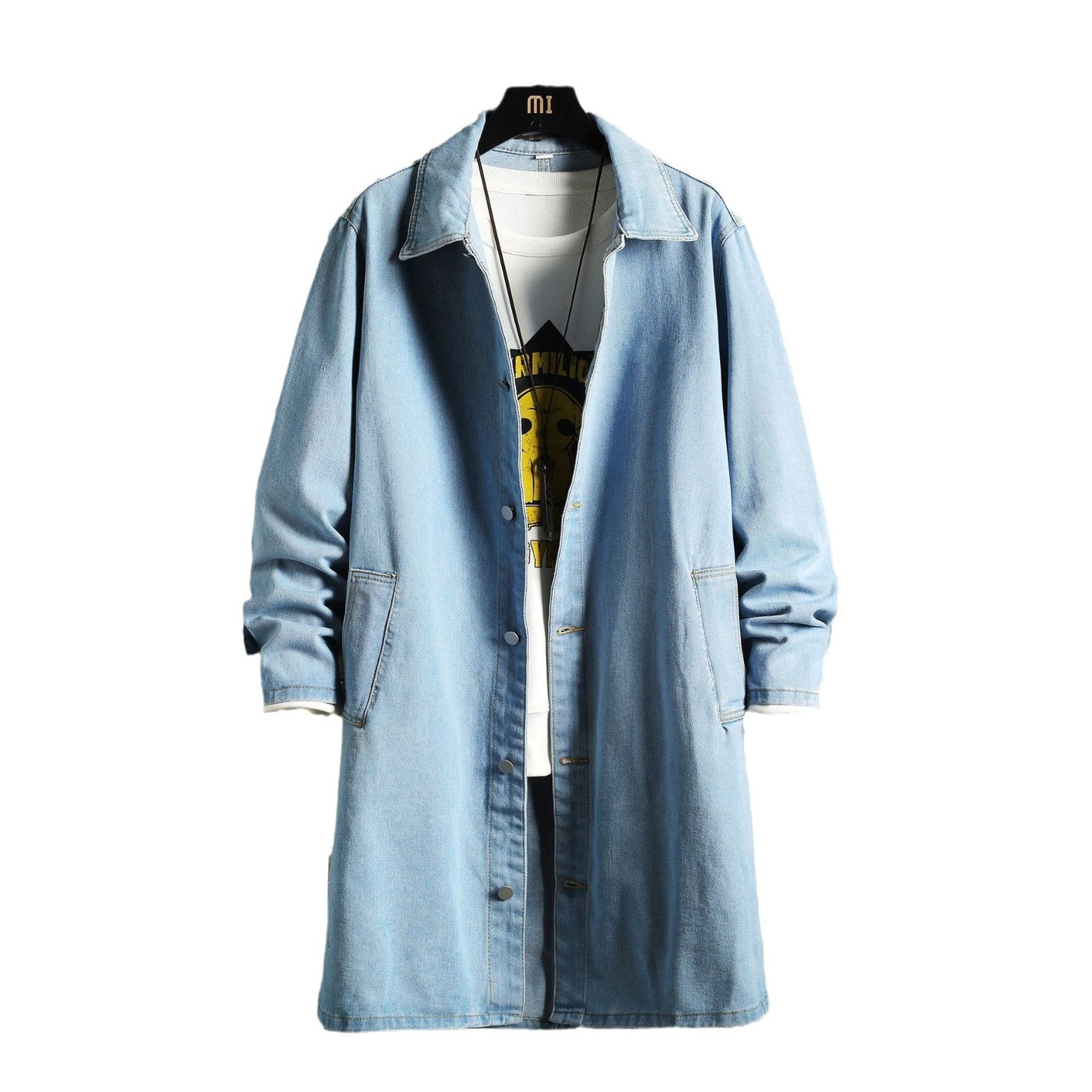 Gabardina vaquera para hombre, abrigo informal holgado de moda de longitud media