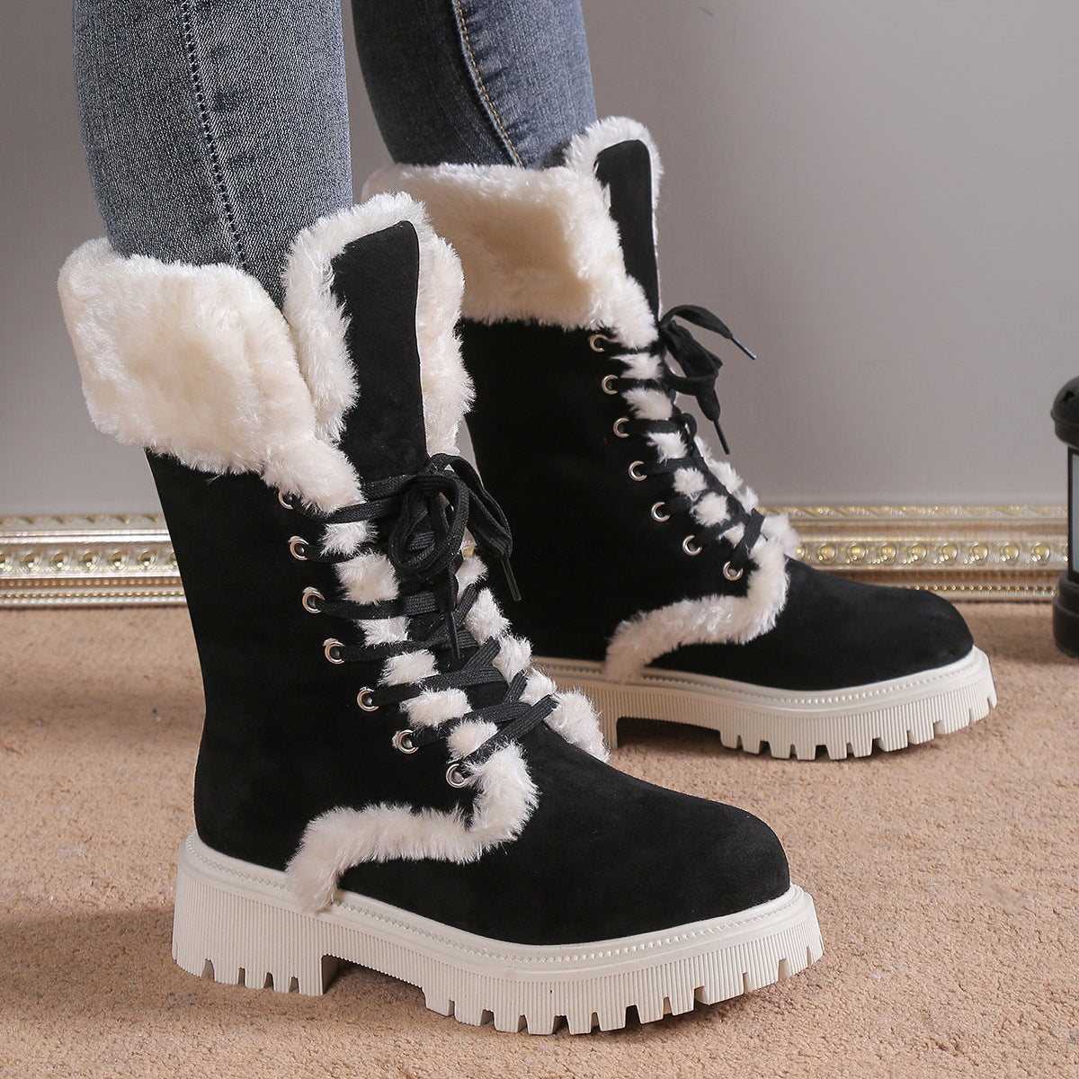 Winter-Schnürstiefeletten für Damen, Fleece-Schuhe mit mittlerem Schaft, warme Plüschstiefel mit klobigen Absätzen