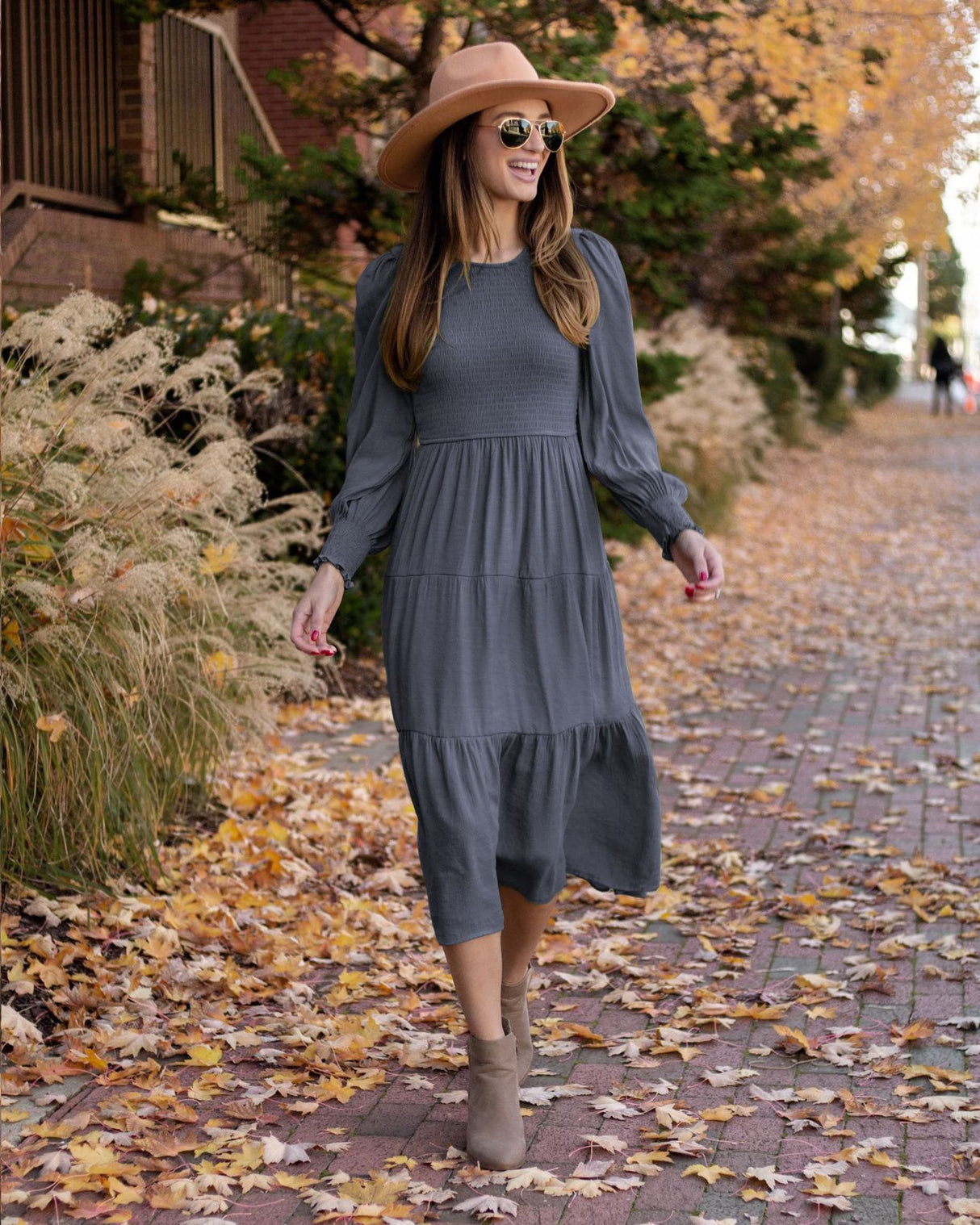 Vestido fruncido de cintura alta con cuello redondo, estilo retro francés, elegante, estilo europeo y americano