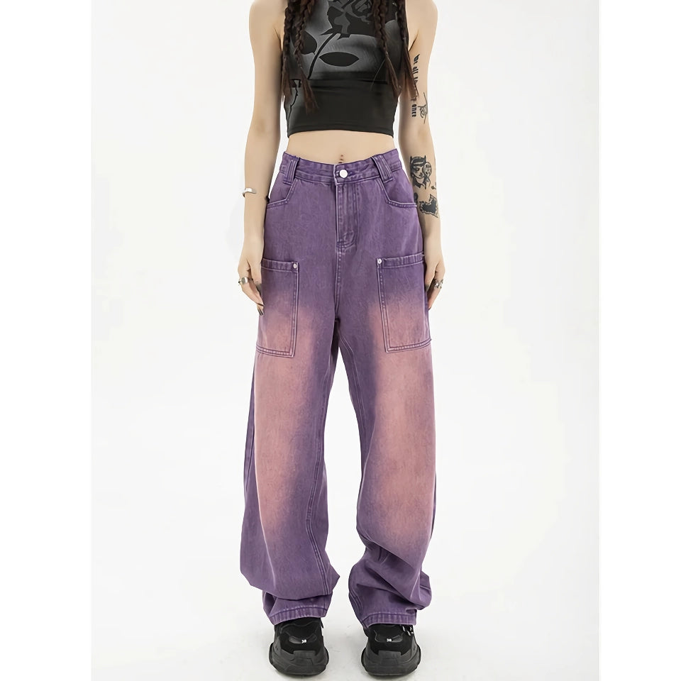Lila Jeans mit weitem Bein und hoher Taille
