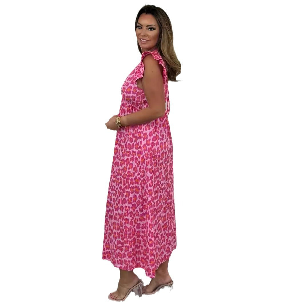 Damen Temperament Bedrucktes Taillenenges Kleid in Rosa mit Leopardenmuster