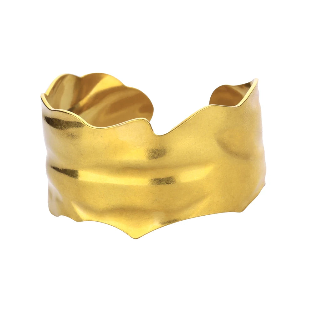 Stainless Steel Irregular Wide Gold Bangle - Vintage Classic Bracelet for Women