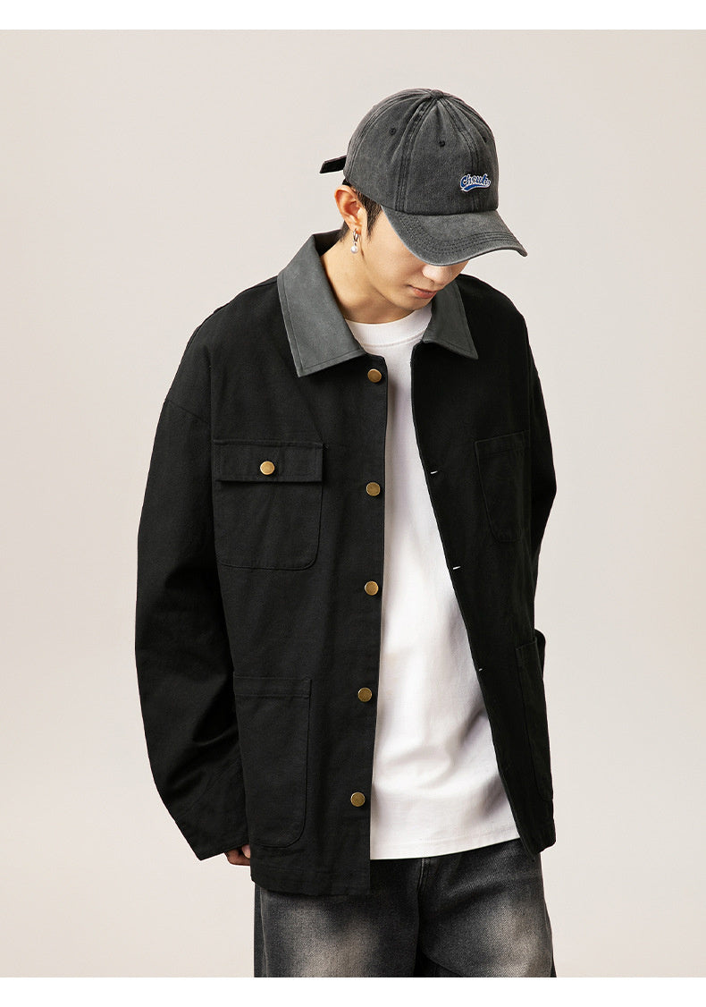 Chaqueta de trabajo estilo japonés con solapas de color en contraste y múltiples bolsillos