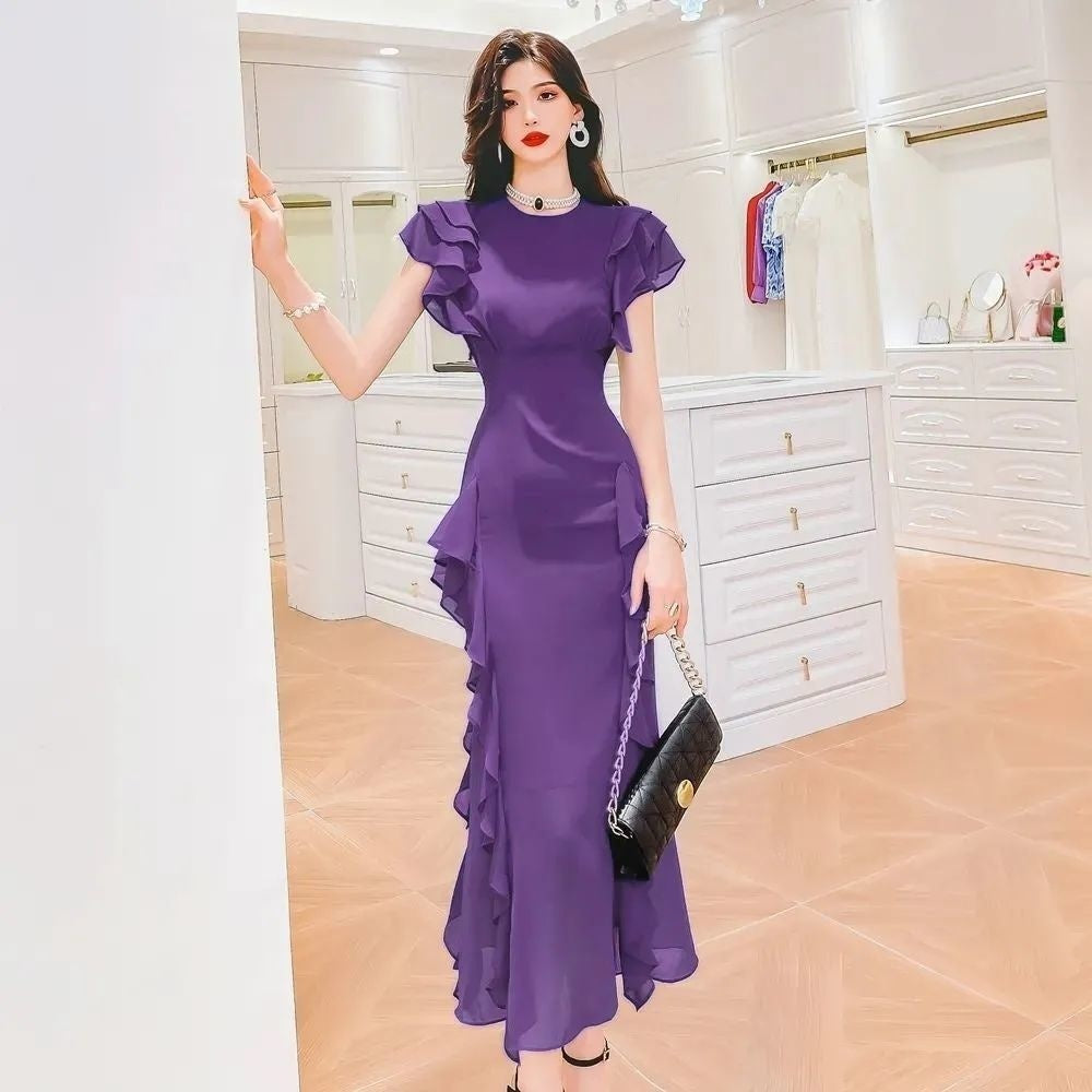 Vestido largo ajustado con cintura fruncida y volantes para mujer