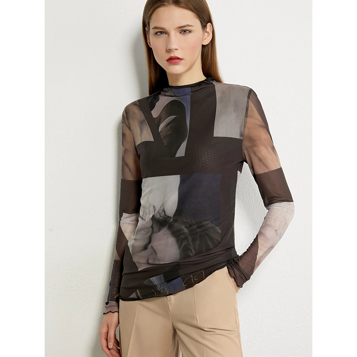 Minimalistisches Langarm-Mesh-T-Shirt für Damen