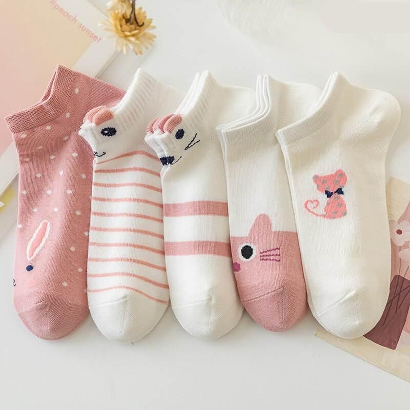 5 Paar süße rosa Katzen-Socken – trendige und bequeme Bootssocken