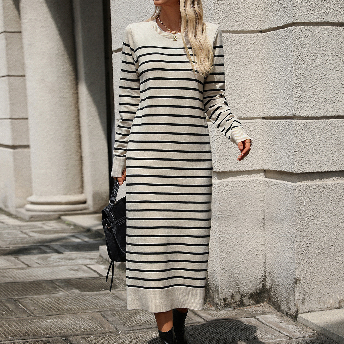 Vestido largo ajustado con estampado de rayas, moda de otoño e invierno, vestidos de manga larga para mujer