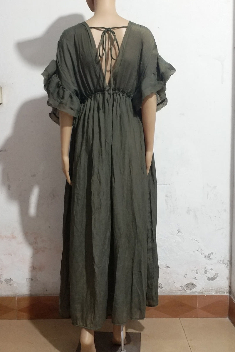 Vestido playero largo con tirantes y botones en la cintura de tejido irregular de color liso, camisa de protección solar