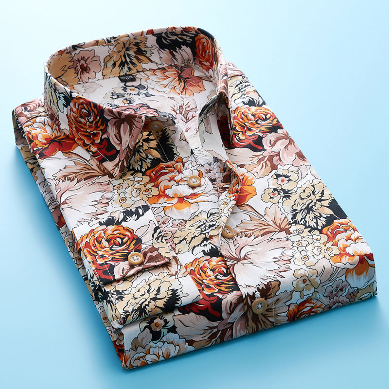 Camisa informal de manga larga estampada para playa y exteriores para hombre