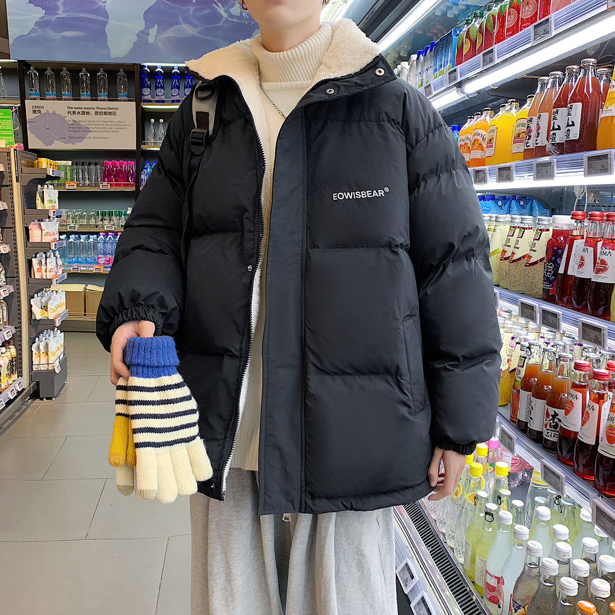 Lamm Samt Jacke Männlichen Hong Kong Stil Trend Lose Brot Warme Baumwolle Mantel