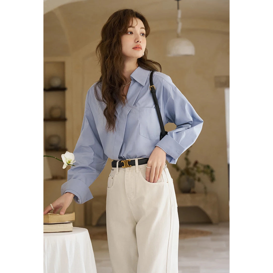 Camisa de manga larga con cuello vuelto y escote en V estilo retro francés para mujer