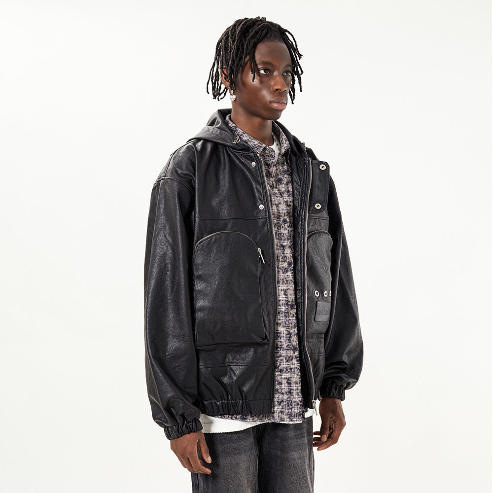 Chaqueta de cuero con capucha estilo motociclista oscuro para hombre