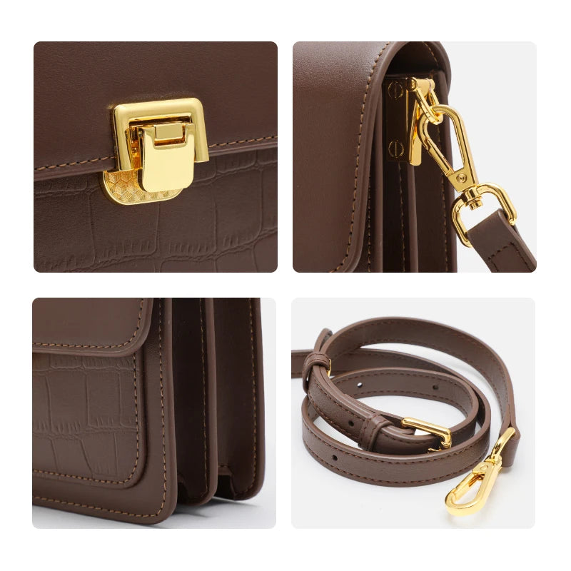 Bolso bandolera cuadrado elegante con estampado de cocodrilo: bolso de hombro de piel de vaca para mujer
