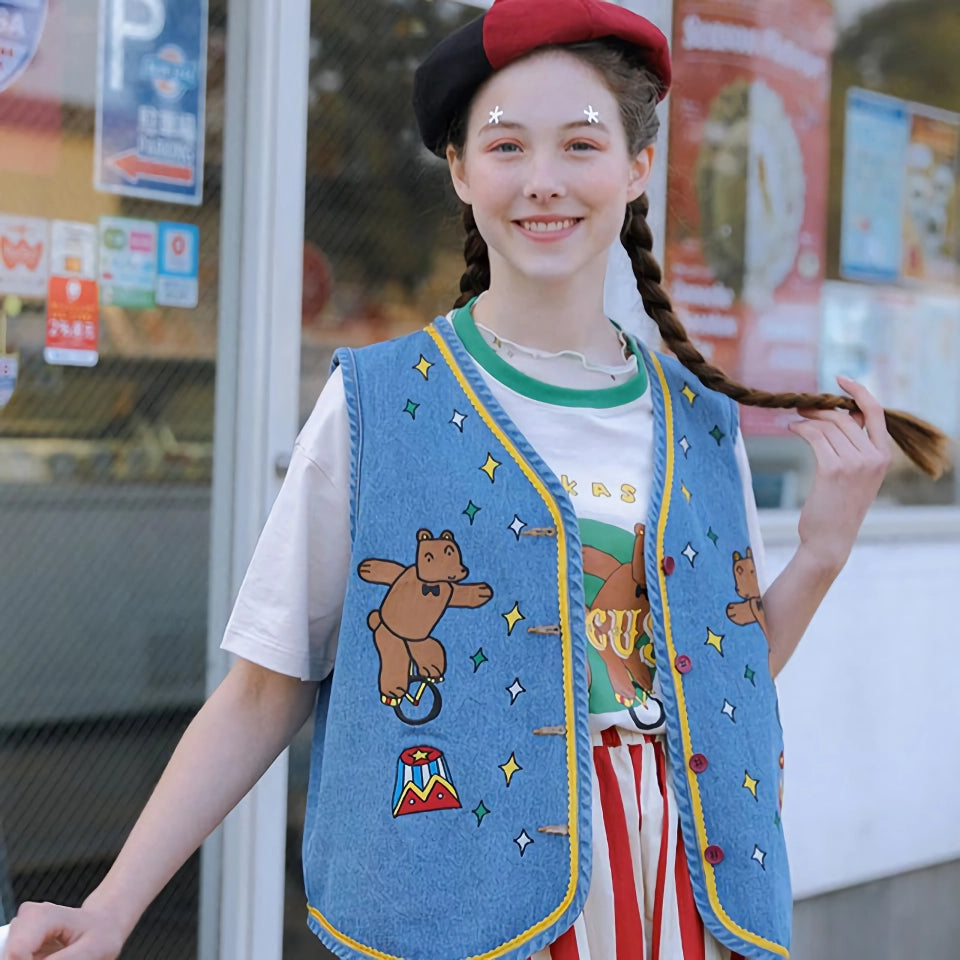 Ärmellose Jeansweste mit Cartoon-Grafik für Teenager