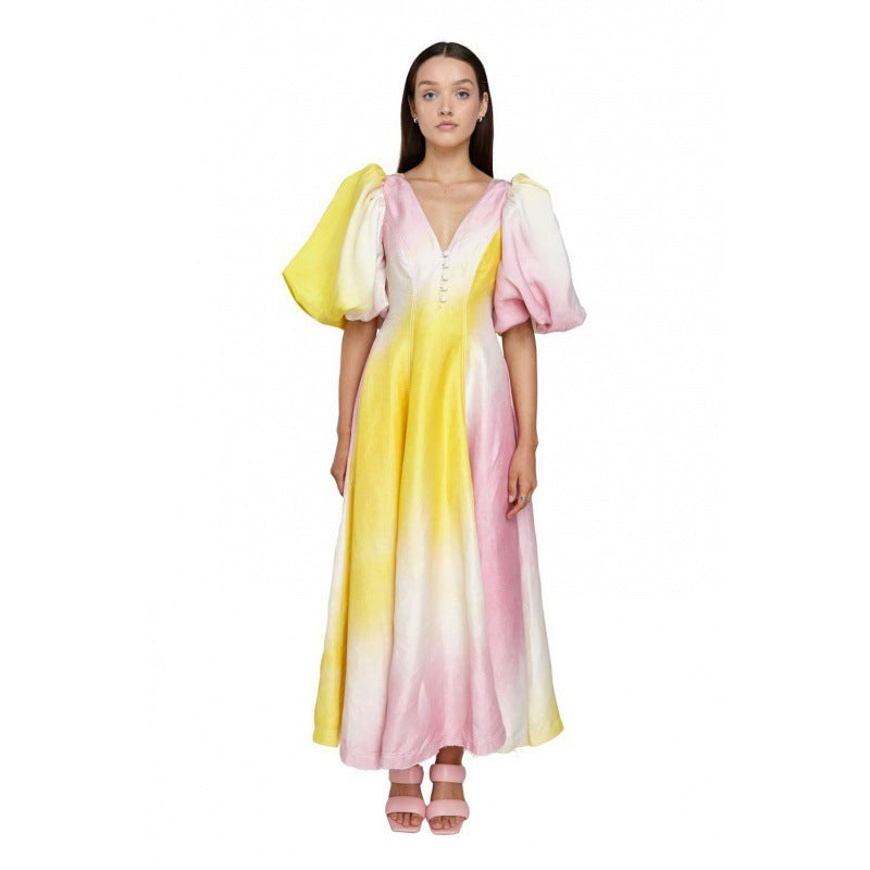 GY24153 Modisches Kleid mit V-Ausschnitt und Laternenärmeln