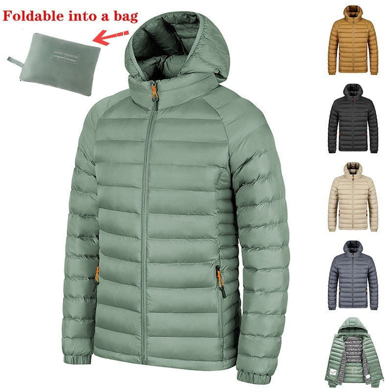 Abrigo ligero con capucha de invierno con bolsillos, chaqueta cálida y portátil con cremallera a la moda para hombres, ropa de abrigo de color sólido, tops