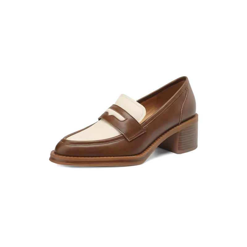 Zapatos de salón clásicos de piel auténtica con tacón cuadrado