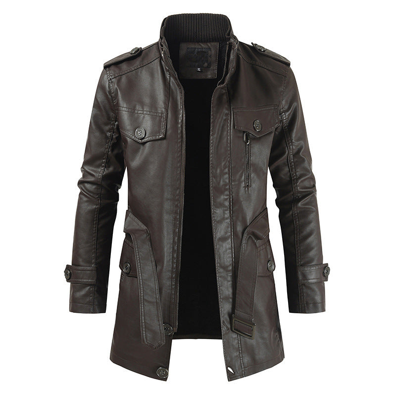 Herren Plus Samt Casual Stehkragen Leder Trenchcoat