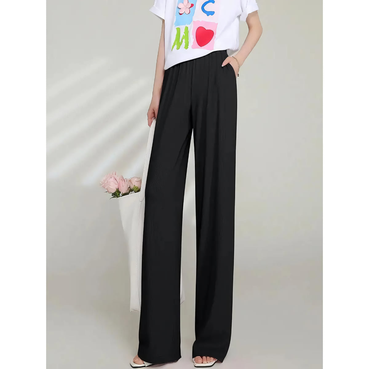 Pantalones casuales drapeados de cintura alta para mujer