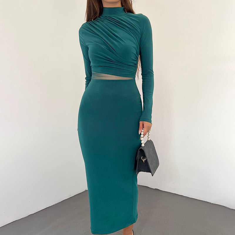 Vestido ajustado plisado transparente de moda para mujer