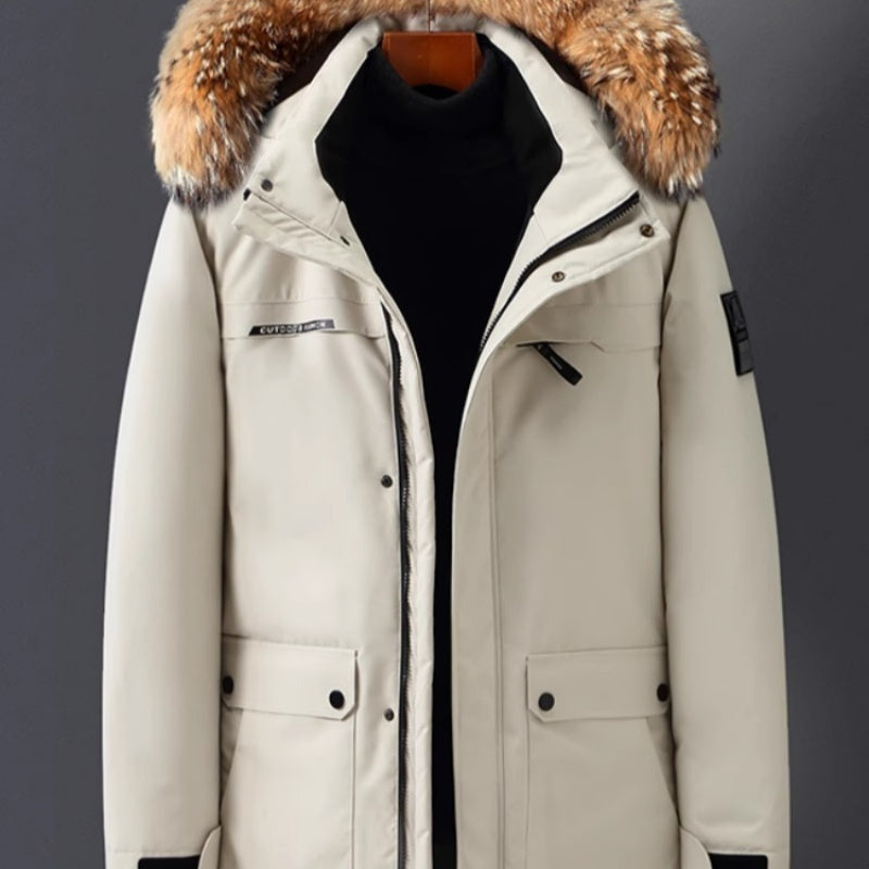 Chaqueta de plumón de pato para hombre, de longitud media, gruesa, con cuello de piel grande