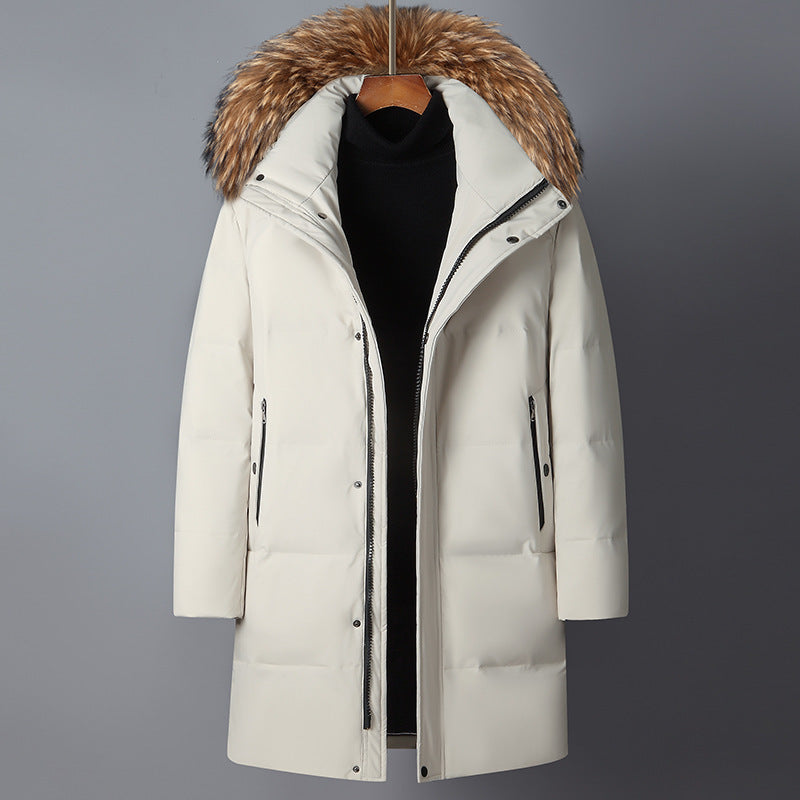 Mittellange, leichte, luxuriöse, verdickte, warme, kältebeständige Daunenjacke mit Kapuze und Pelzkragen