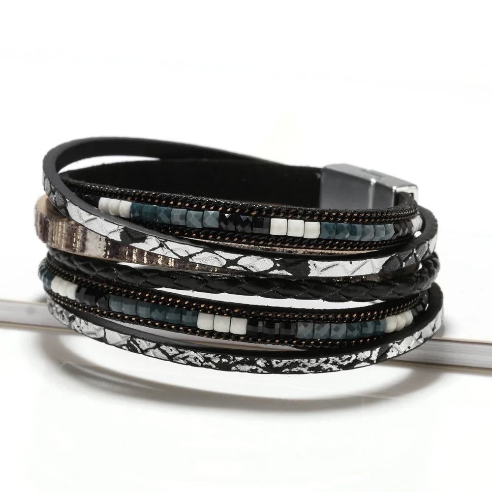 Pulsera de cuero bohemio tejida a mano con hebilla magnética