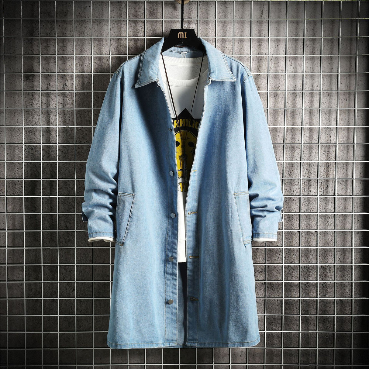 Gabardina vaquera para hombre, abrigo informal holgado de moda de longitud media