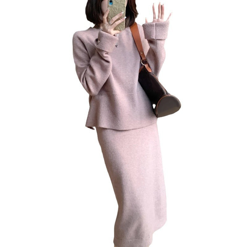 Vestido de punto interior rosa para mujer, otoño e invierno, para llevar un traje completo