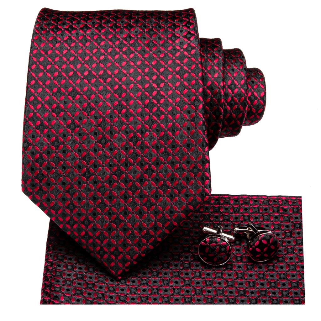 Conjunto de corbata de seda a cuadros burdeos y negros para hombre