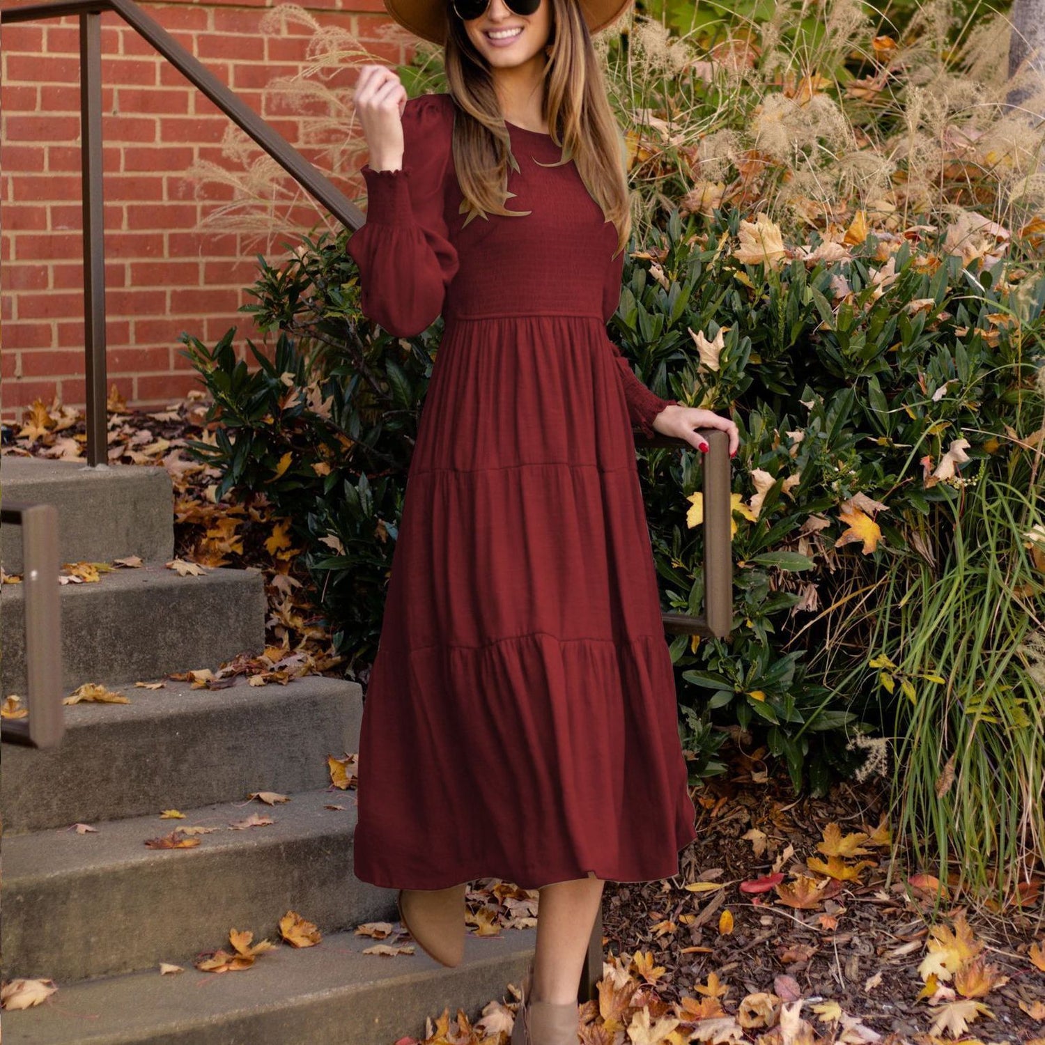 Vestido fruncido de cintura alta con cuello redondo, estilo retro francés, elegante, estilo europeo y americano