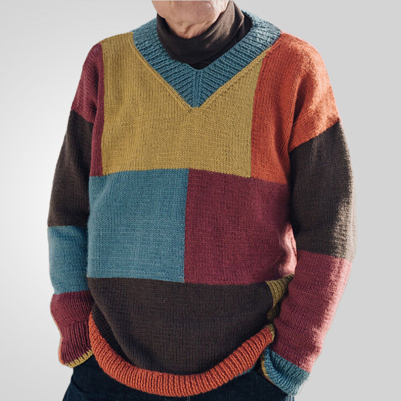 Jersey de manga larga con cuello en V y bloques de color para hombre joven y moderno