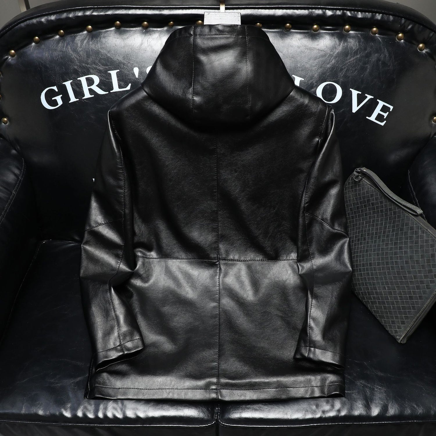 Mid-length Hooded Men's Leather Jacket Fleece-lined Thickened