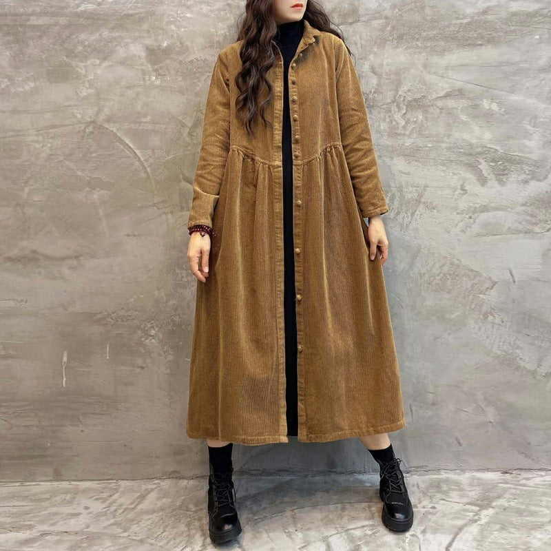 Abrigo de pana retro artístico para mujer, abrigo largo de primavera por debajo de la rodilla, abrigo de pana suelto