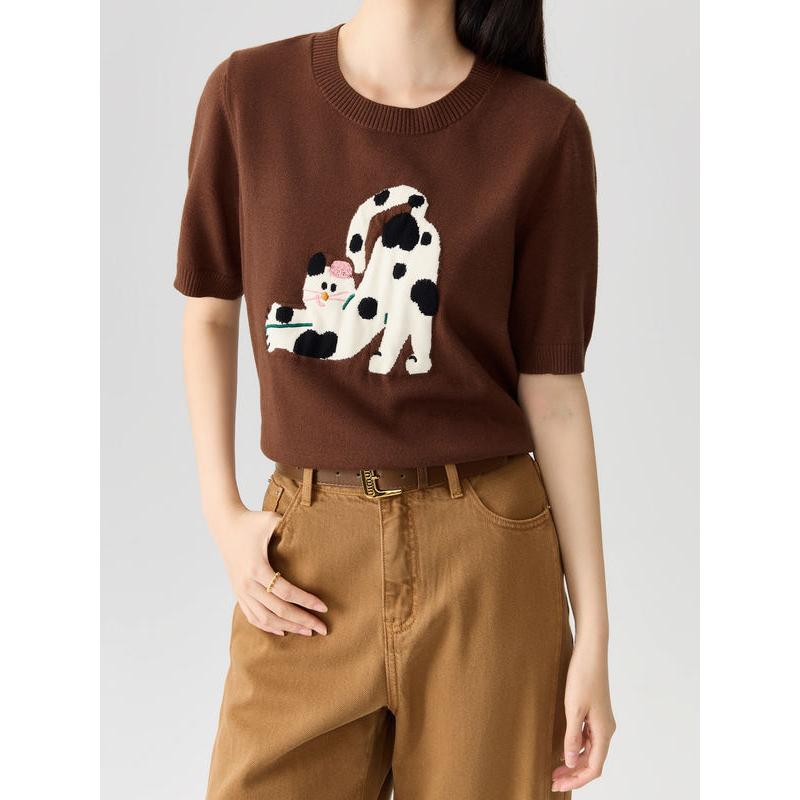 Süßes T-Shirt mit Cartoon-Stickerei für Damen