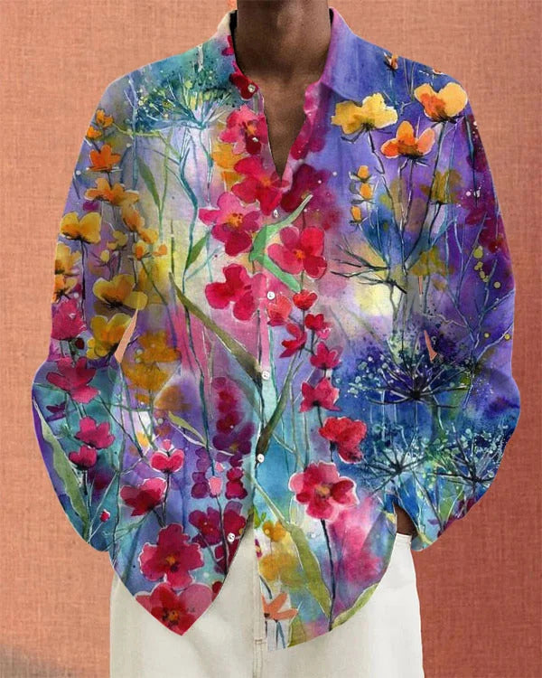Camisa informal de manga larga con solapa y estampado 3D para hombre